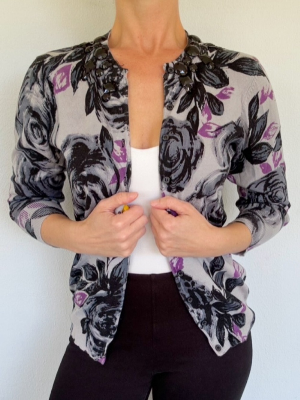 WDNY purple floral beaded cotton blend button up cardigan sweater petite large